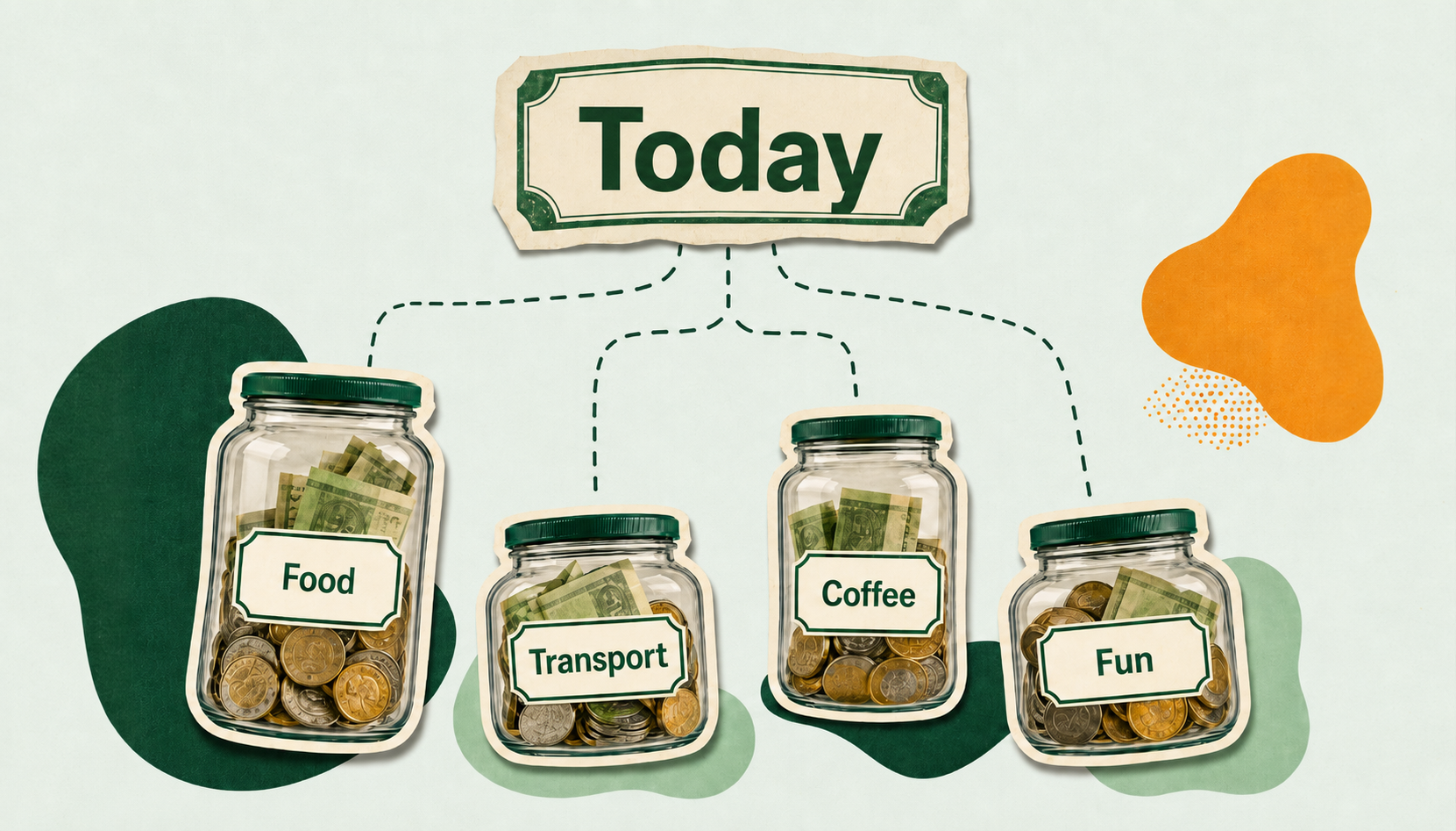 Daily Drip jar allocation image showing today's safe spending number split across food, transport, coffee, fun, and savings jars.
